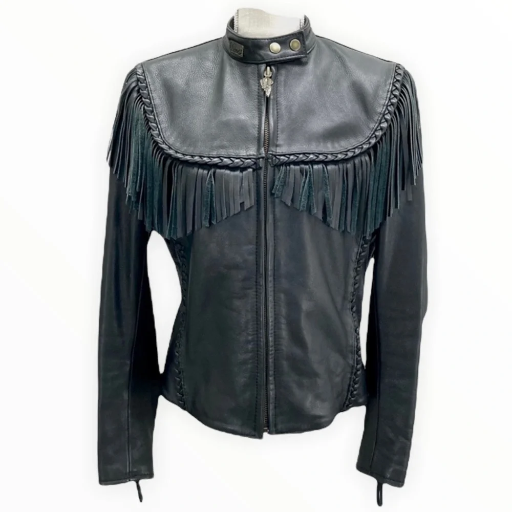 HARLEY-DAVIDSON Willie G Genuine Leather Women’s Black Fringe Jacket Sz Medium - Picture 1 of 16